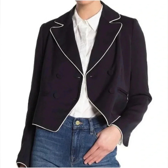 Frame Women’s Piped Cropped Blazer Jacket Navy / White Sz 8 NWT Lined - Picture 3 of 8